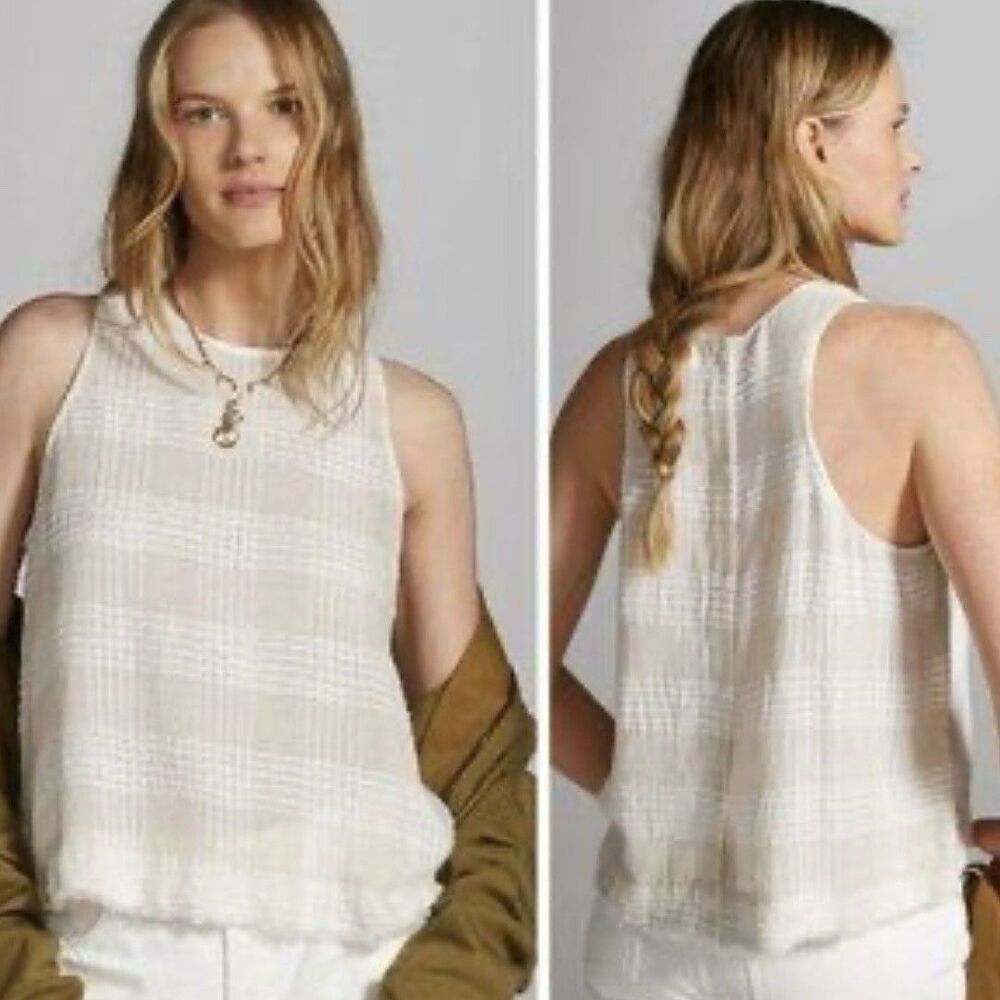 Anthropologie Cloth & Stone Button Back Top Size Large Linen Rayon Oatmeal Plaid